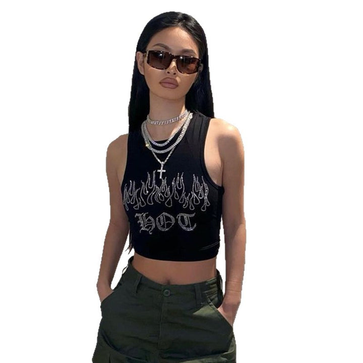Damen Crop-Top mit auffälligem Flammenmotiv und glänzenden Akzenten Drune