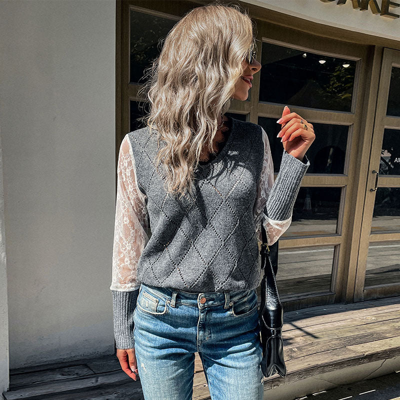 Damen Strickpullunder mit Argyle‑Struktur und transparenten Spitzenärmeln Drune
