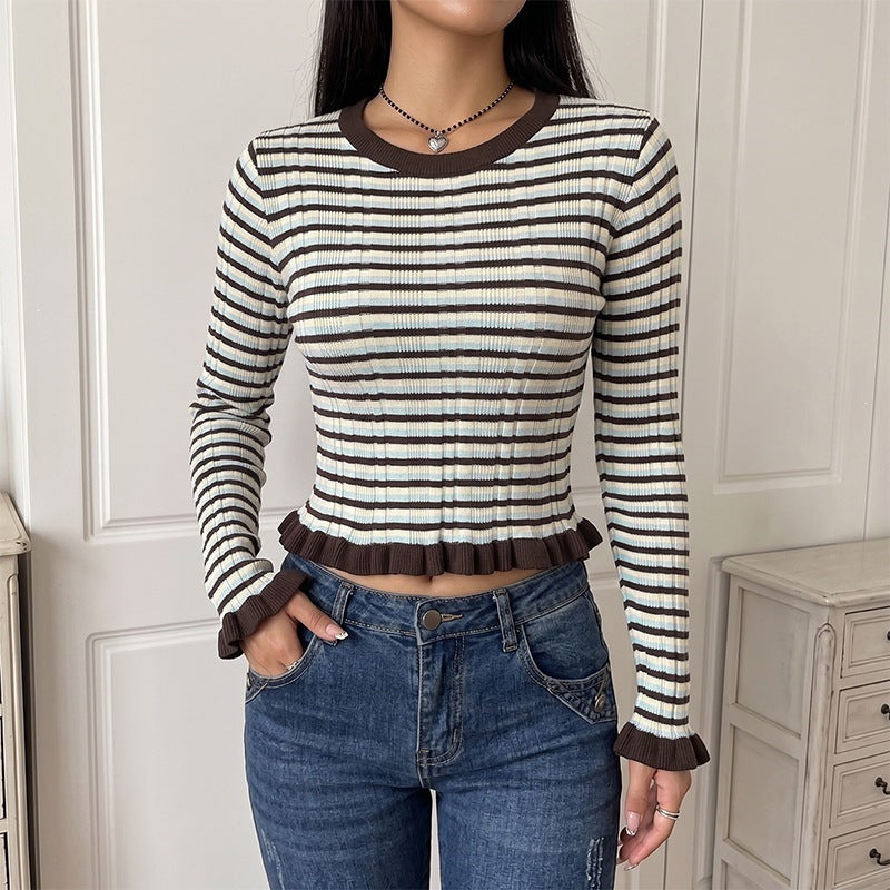 Damen Elegantes gestreiftes Crop-Top mit Rüschendetails Drune