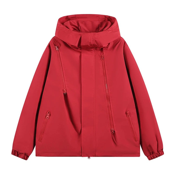 Damen Kurze technische Kapuzenjacke mit asymmetrischen Reißverschlüssen & Kordelzug Drune