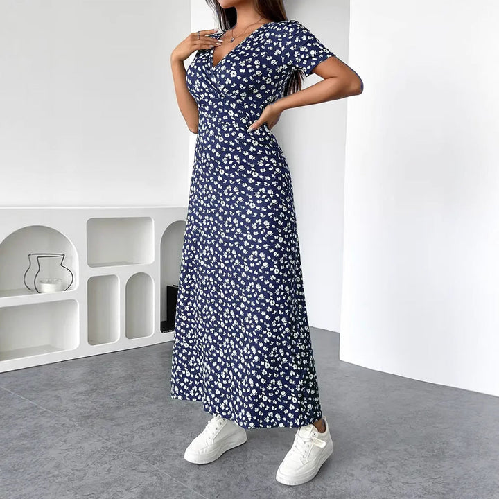Damen Maxikleid mit floralem Wickeldesign und praktischen Seitentaschen Drune
