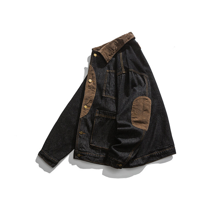Herren Boxy Denim-Workerjacke mit Cordkragen, Pattentaschen und Ellbogenpatches Drune