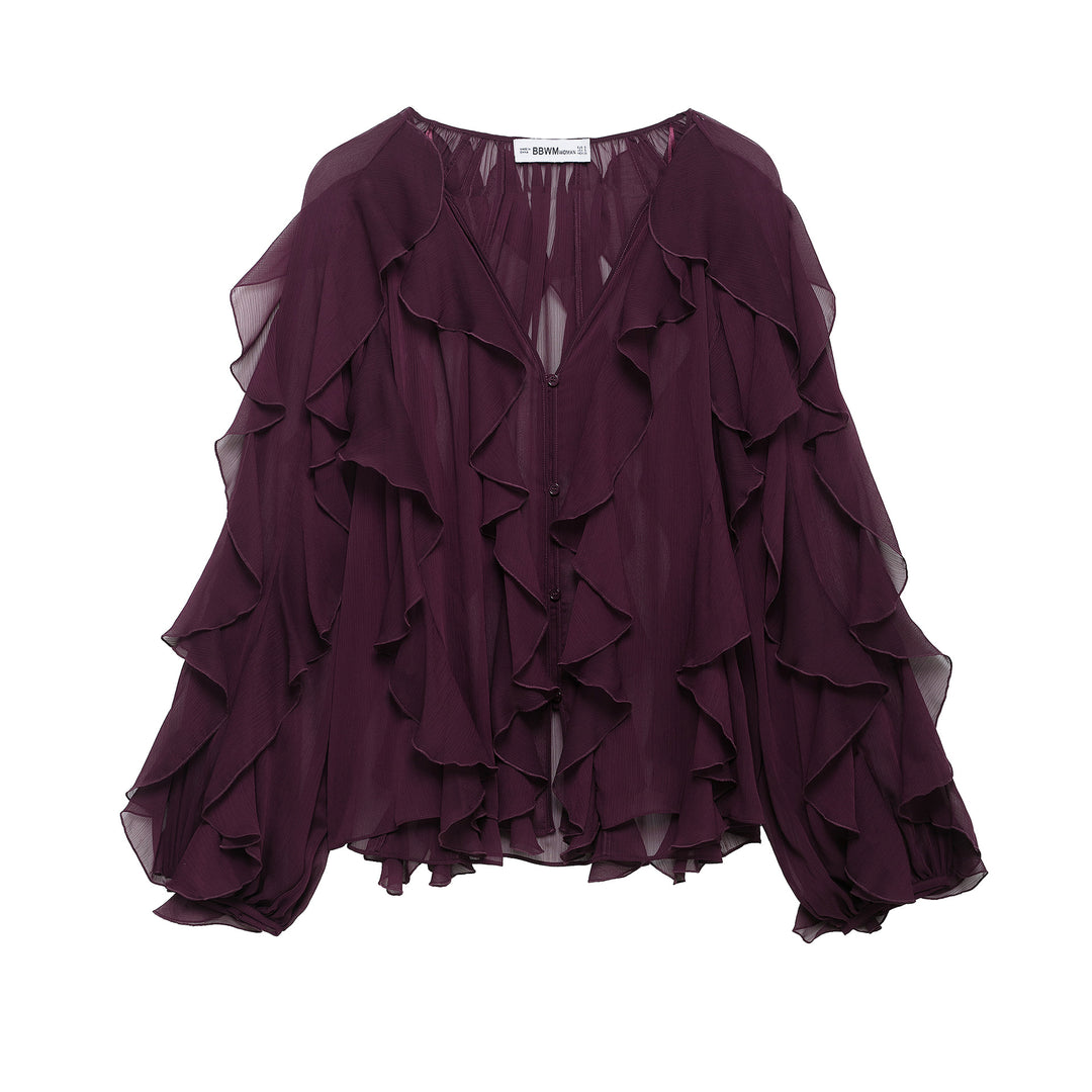 Damen 200+ voluminöse Chiffon‑Rüschenbluse mit Fledermausärmeln und Knopfleiste Drune