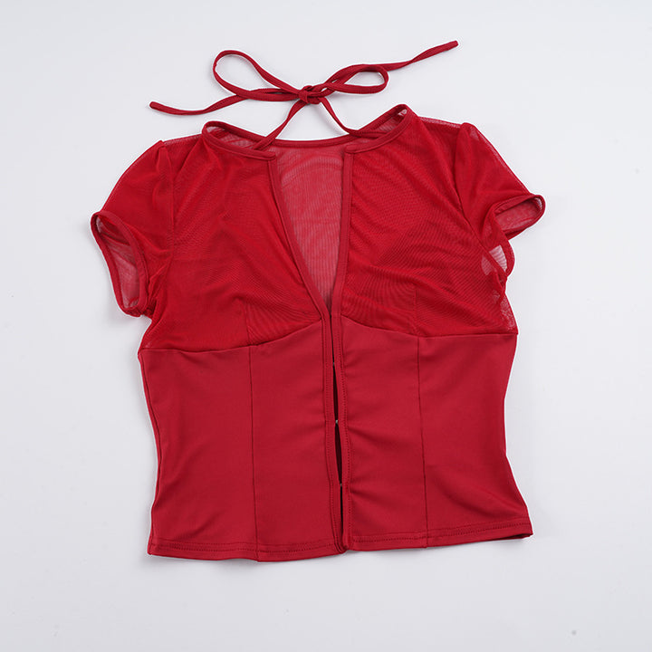 Damen Sportliches Mesh-Oberteil mit verstellbarem Bindedetail Drune