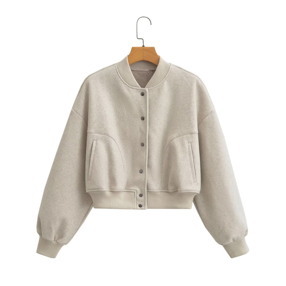 Unisex nan oversized Wollmix Bomberjacke mit geripptem Saum und Druckknopfleiste Drune
