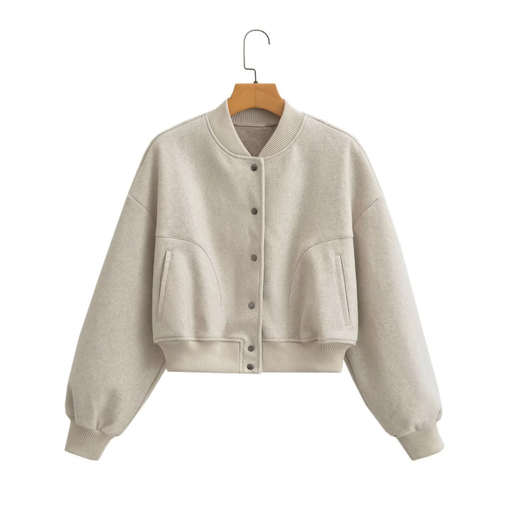 Unisex nan oversized Wollmix Bomberjacke mit geripptem Saum und Druckknopfleiste Drune