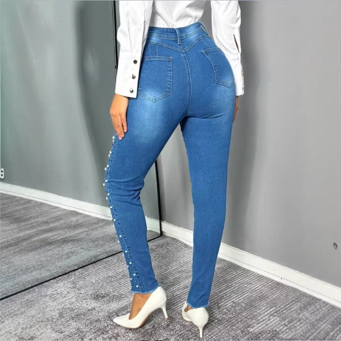 Damen Figurformende hochtaillierte Skinny-Jeans mit seitlicher Perlenzier Drune