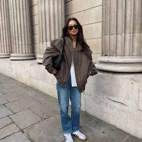 Unisex nan leichter Oversize-Bomber mit durchgehendem Metallreißverschluss geripptem Kragen und elastischem Saum Drune