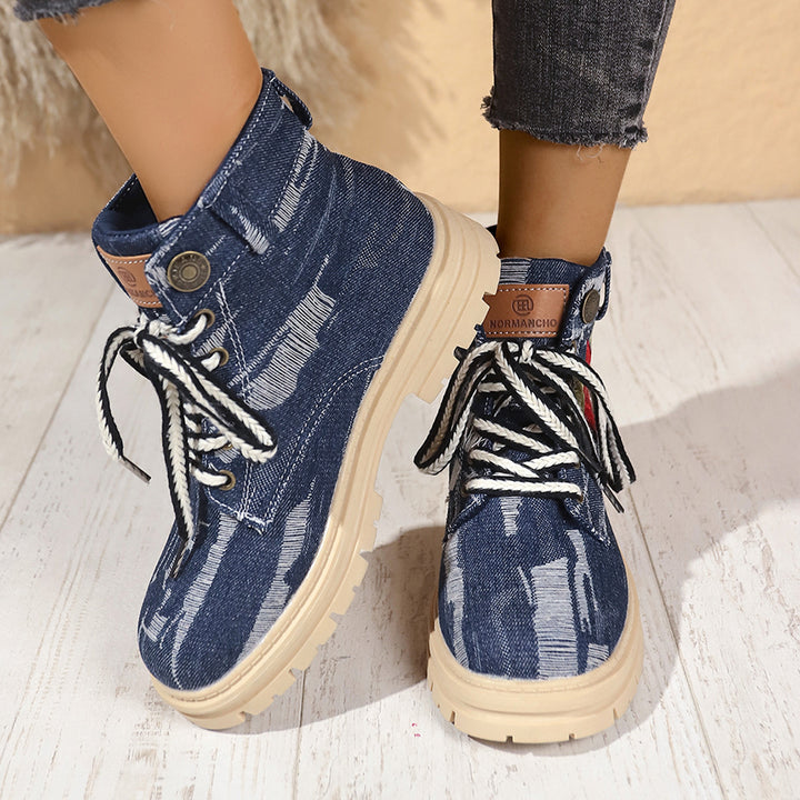 Damen Modische Schnürstiefeletten mit floralem Stickmuster und rutschfester Sohle Drune