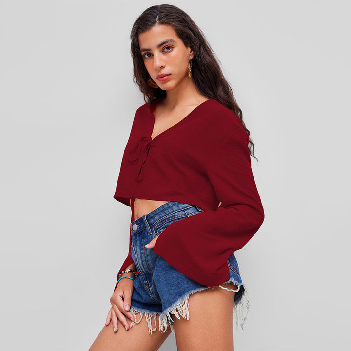 Damen kurzes Bindecrop-Top mit V-Ausschnitt, Knotenbindetail und Glockenärmeln Drune