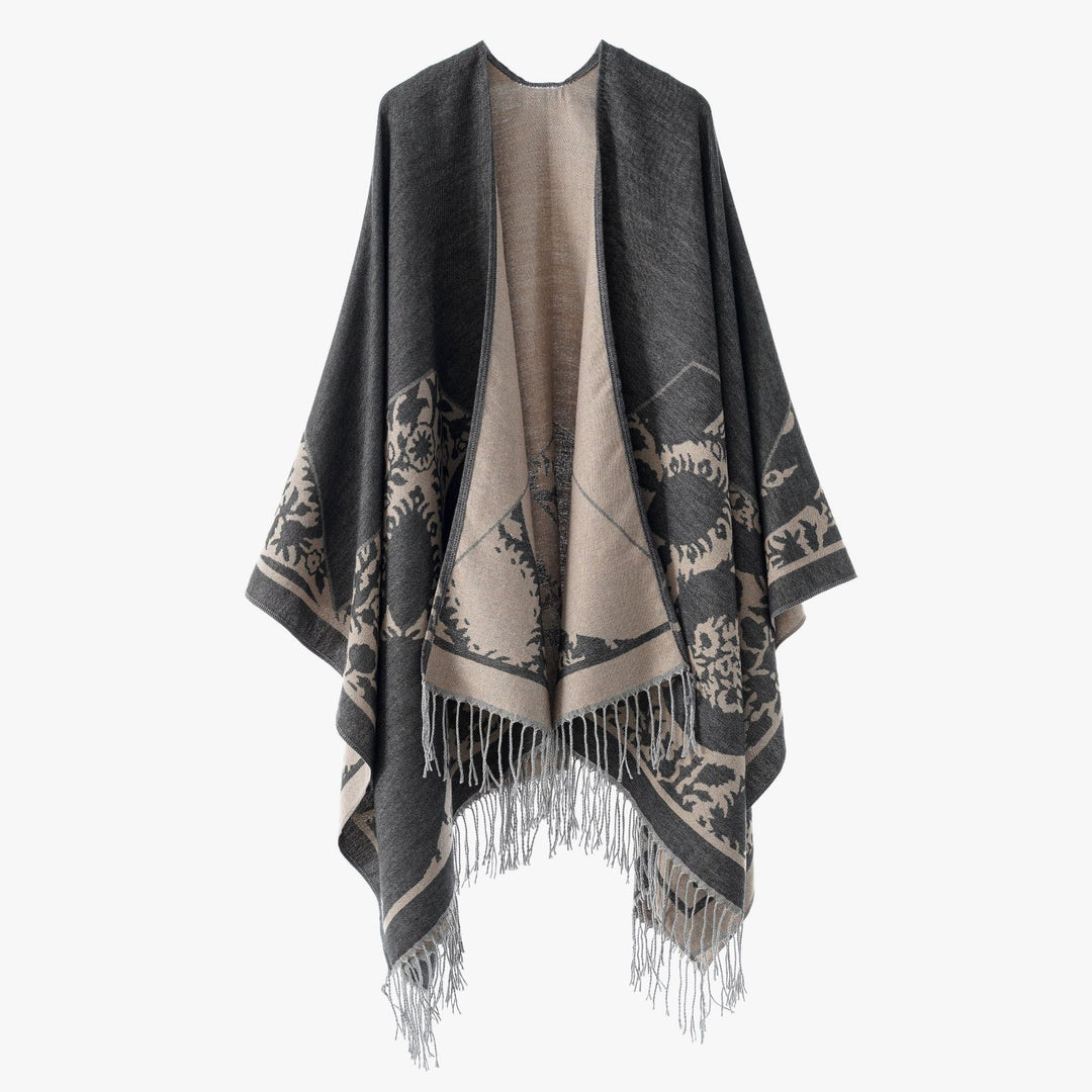 Damen Wendbarer Feinstrick-Poncho mit Jacquardmuster und Fransensaum Drune