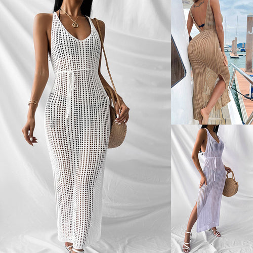 Damen gehäkeltes Maxikleid mit tiefem V-Ausschnitt und seitlichem Schlitz Drune