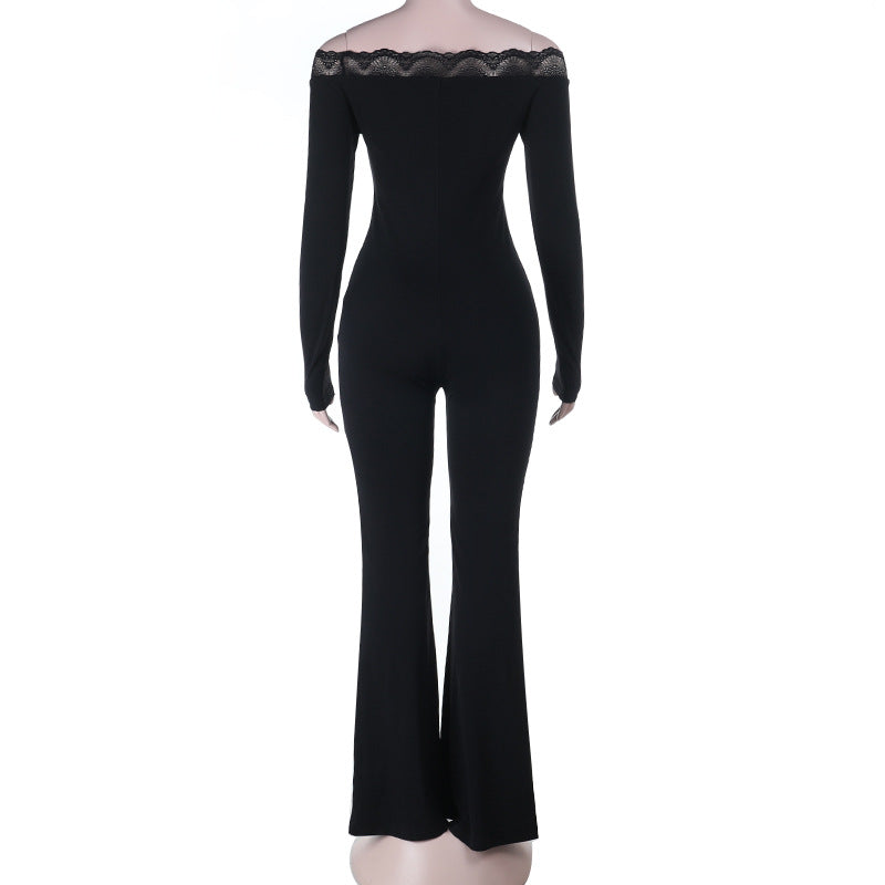 Damen eleganter Off-Shoulder Jumpsuit mit Spitzenakzenten und ausgestelltem Bein Drune