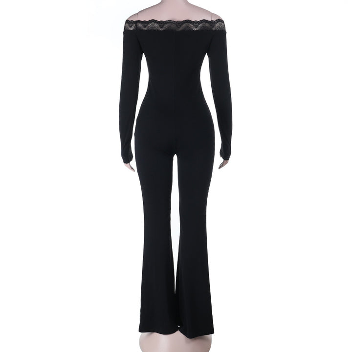 Damen eleganter Off-Shoulder Jumpsuit mit Spitzenakzenten und ausgestelltem Bein Drune
