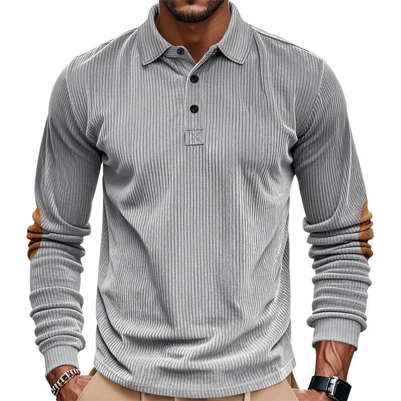 Herren nan schwerer gerippter Baumwoll-Polo-Pullover mit Kentkragen dreifach-Knopfleiste und Wildleder-Ellenbogenpatches Drune