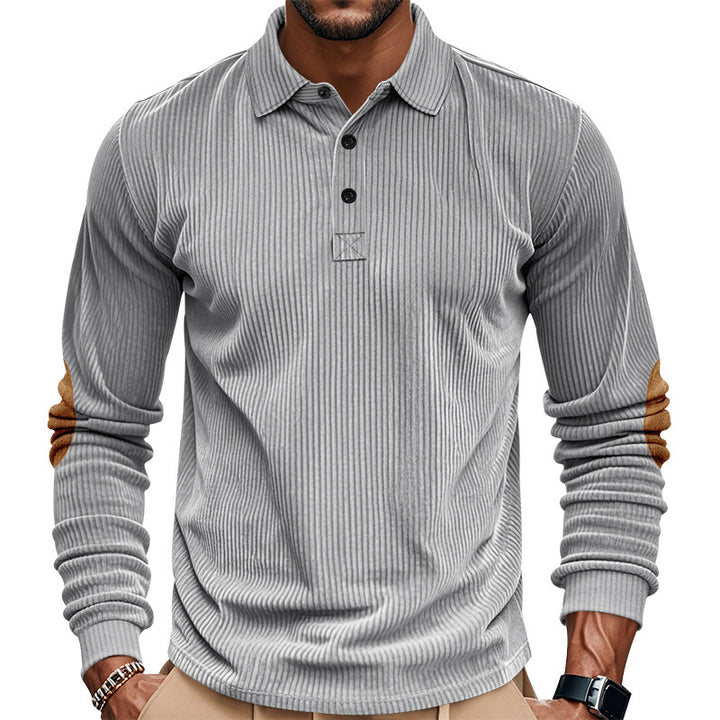 Herren nan schwerer gerippter Baumwoll-Polo-Pullover mit Kentkragen dreifach-Knopfleiste und Wildleder-Ellenbogenpatches Drune