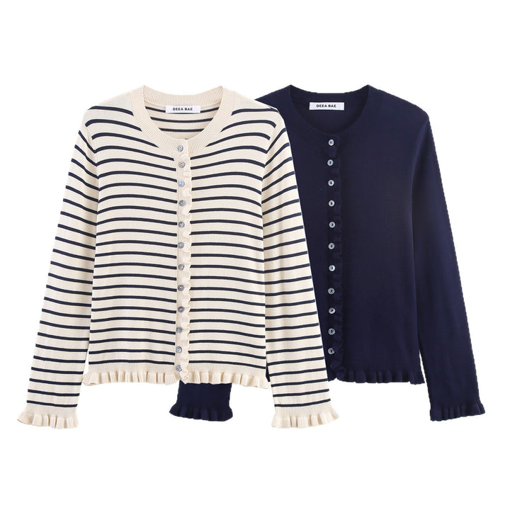 Damen Feiner Strickcardigan mit Rüschenblende und Perlmuttknöpfen Drune