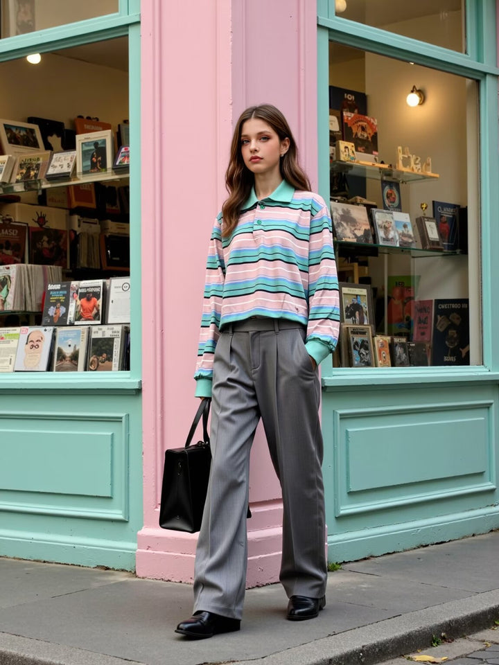 Damen Gestreiftes Poloshirt‑Sweatshirt aus Baumwollmix mit Kontrastkragen und gerippten Bündchen Drune
