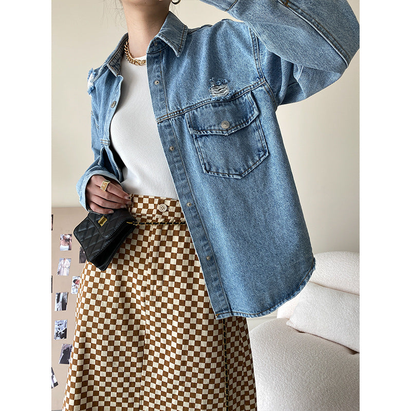 Damen lässige Jeansjacke mit used Look und großen Taschen Drune