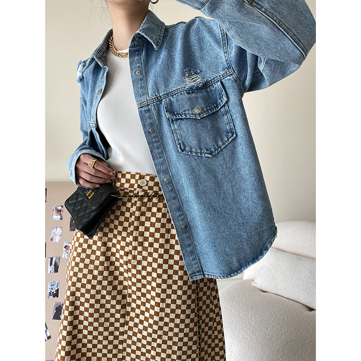 Damen lässige Jeansjacke mit used Look und großen Taschen Drune