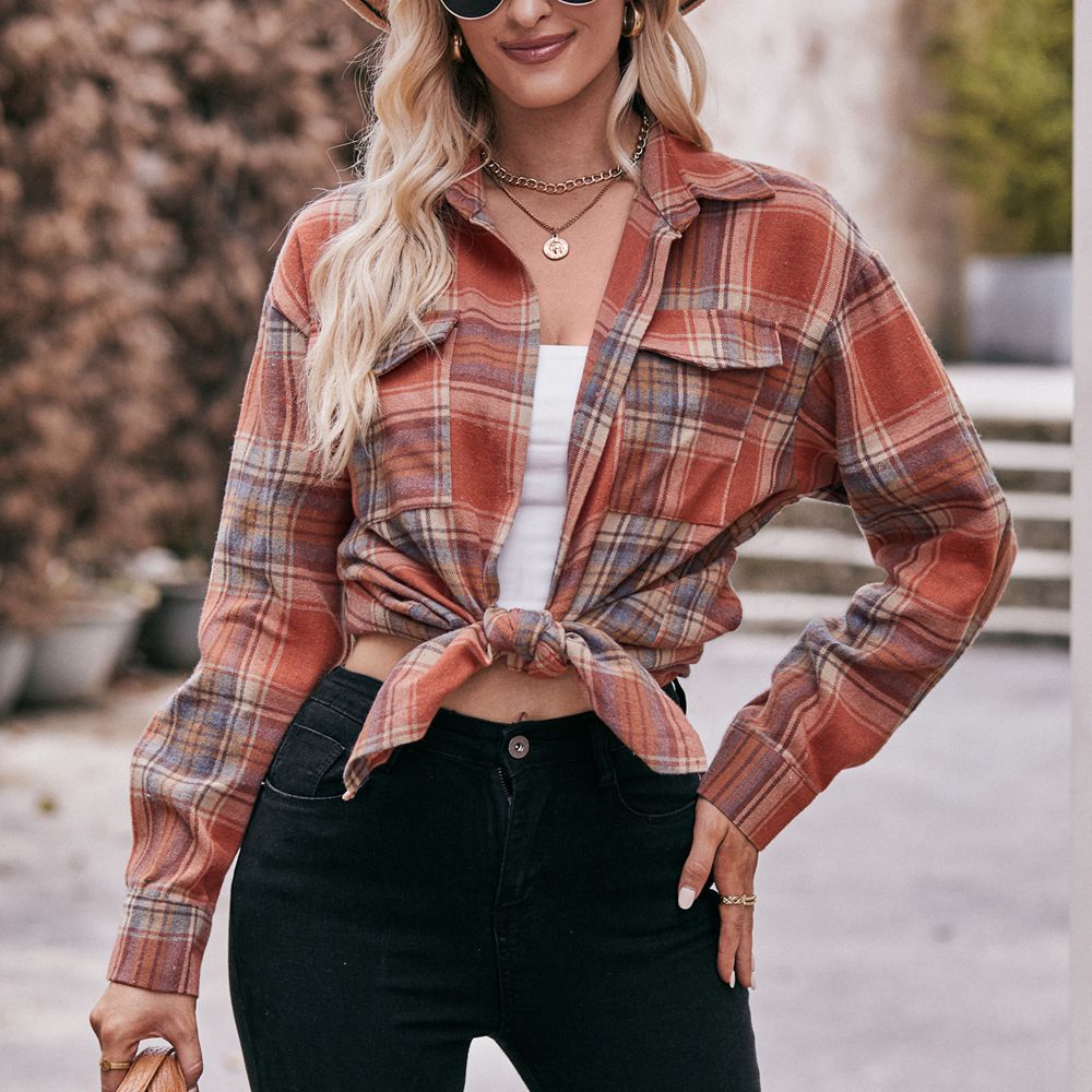 Damen kariertes Hemd mit knopfbarem Frontdesign und lässigem Knoten-Detail Drune