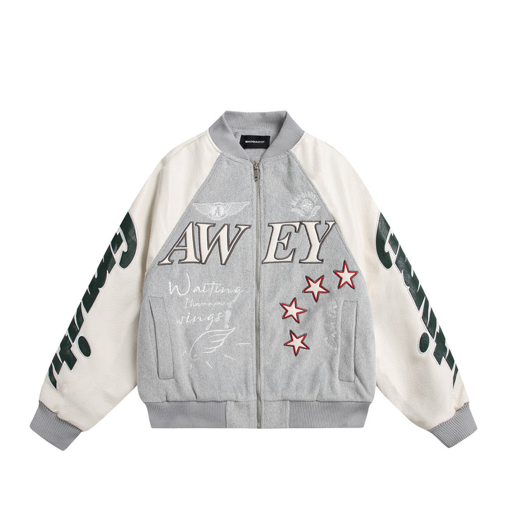 Unisex Varsity-Bomberjacke im Materialmix mit Stick- und Applikationsdetails Drune