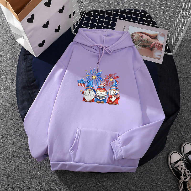 Damen nan Kapuzenpullover mit patriotischem Gartenzwerg-Print, angerautem Fleece-Innenfutter, Oversize-Schnitt und Kängurutasche Drune