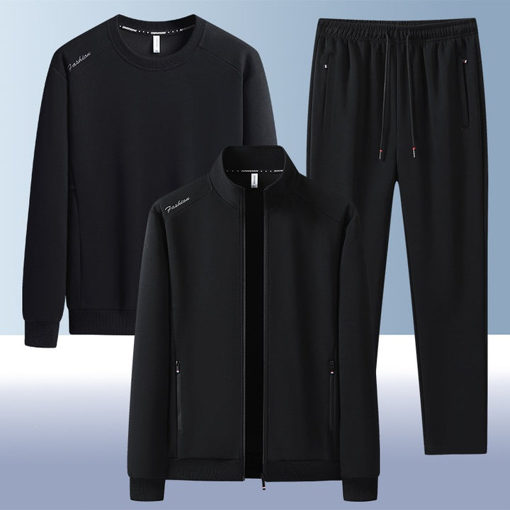 [Herren] Zweiteiliges Trainingsset mit Stehkragen-Zipjacke, Rundhals‑Sweatshirt und konisch geschnittener Jogginghose aus atmungsaktivem Fleece Drune