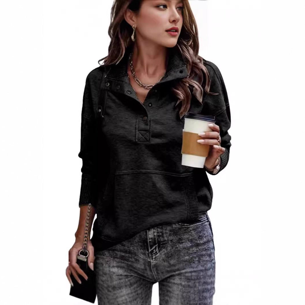 Damen Sweatpullover mit Stehkragen-Knopfleiste und Kängurutasche Drune