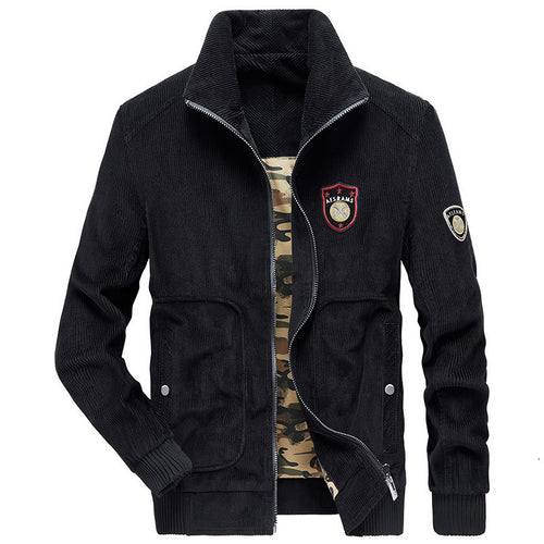 Herren Kordjacke mit Reißverschluss, Stehkragen und Camouflage-Futter Drune