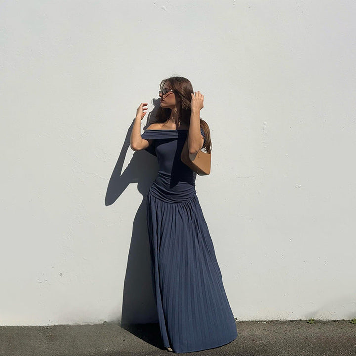 Damen Elegantes Off-Shoulder Maxikleid mit Falten-Details und figurumspielendem Schnitt Drune
