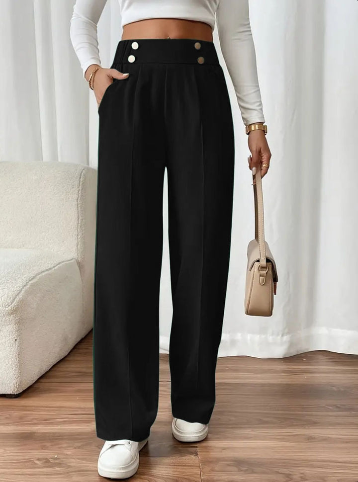 Damen Hochtaillierte Palazzo-Hose mit Zierknopfleiste, Bügelfalte und Eingrifftaschen Drune