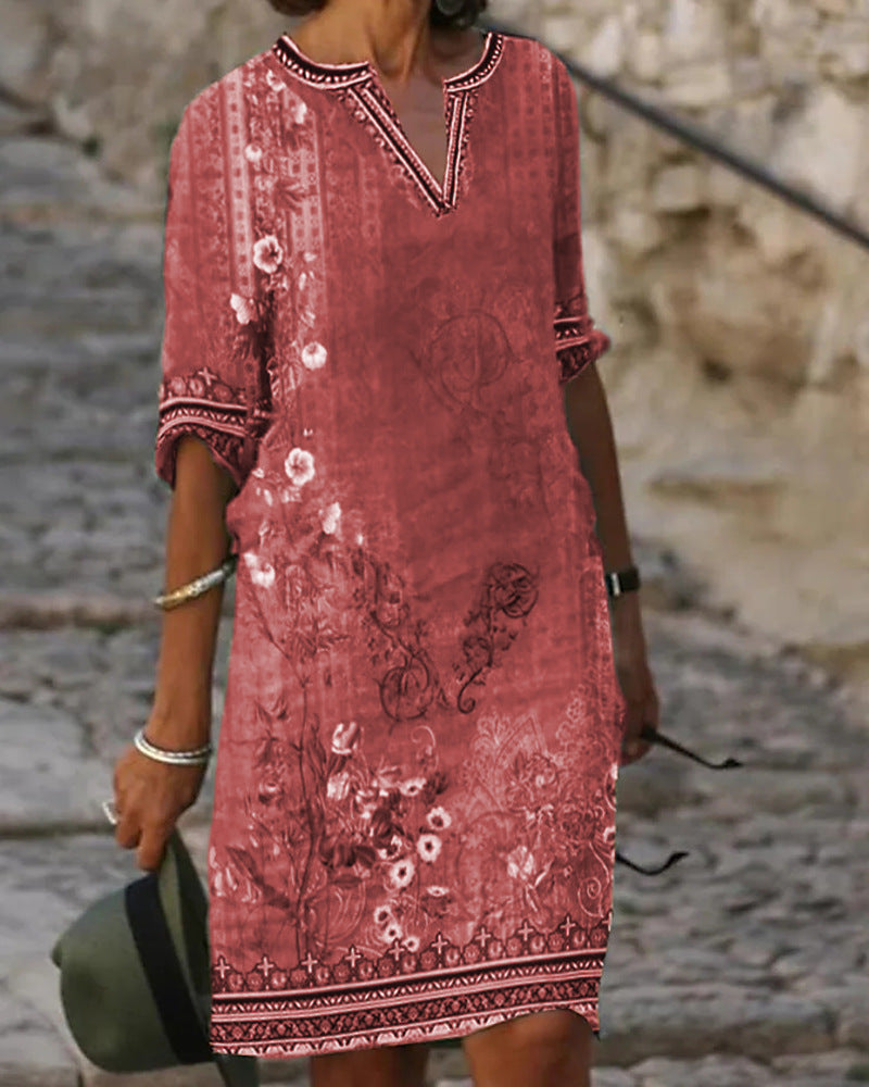 Damen Midi-Kleid im Boho-Leinen-Look mit V-Ausschnitt und Dreiviertelärmeln Drune