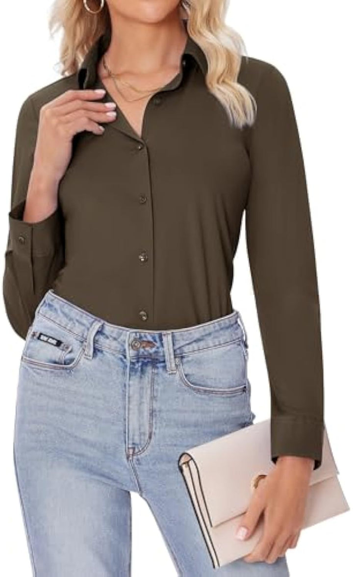 Damen Klassische Viskose-Stretch Hemdbluse mit Kentkragen und Manschetten Drune