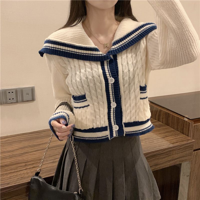 Damen Strickjacke mit maritimem Kragen und dezenten Streifen Drune