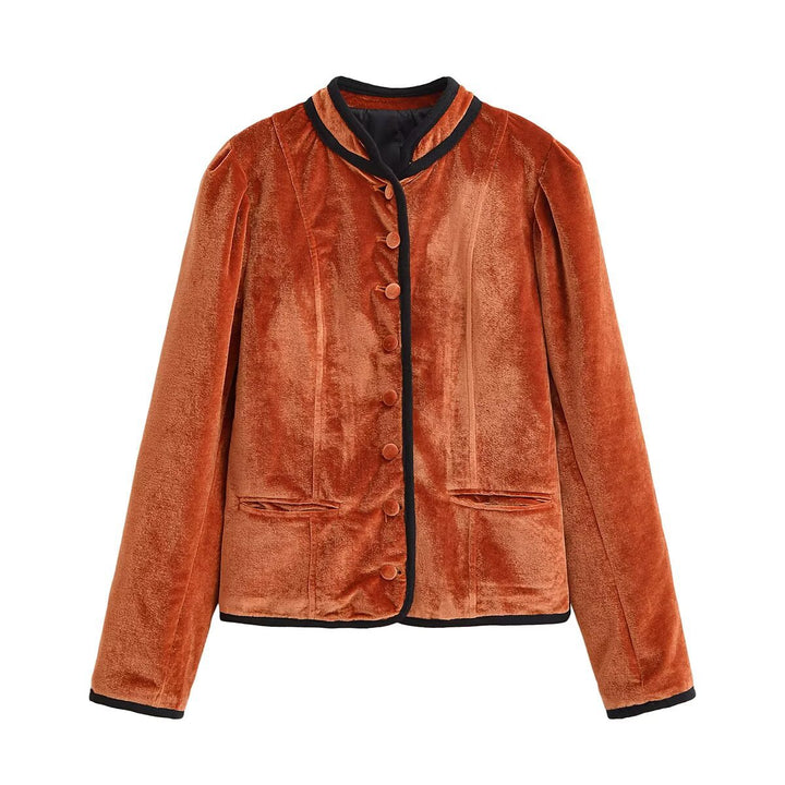 Damen Samtjacke im Blazer-Stil mit Stehkragen und bezogenen Knöpfen Drune