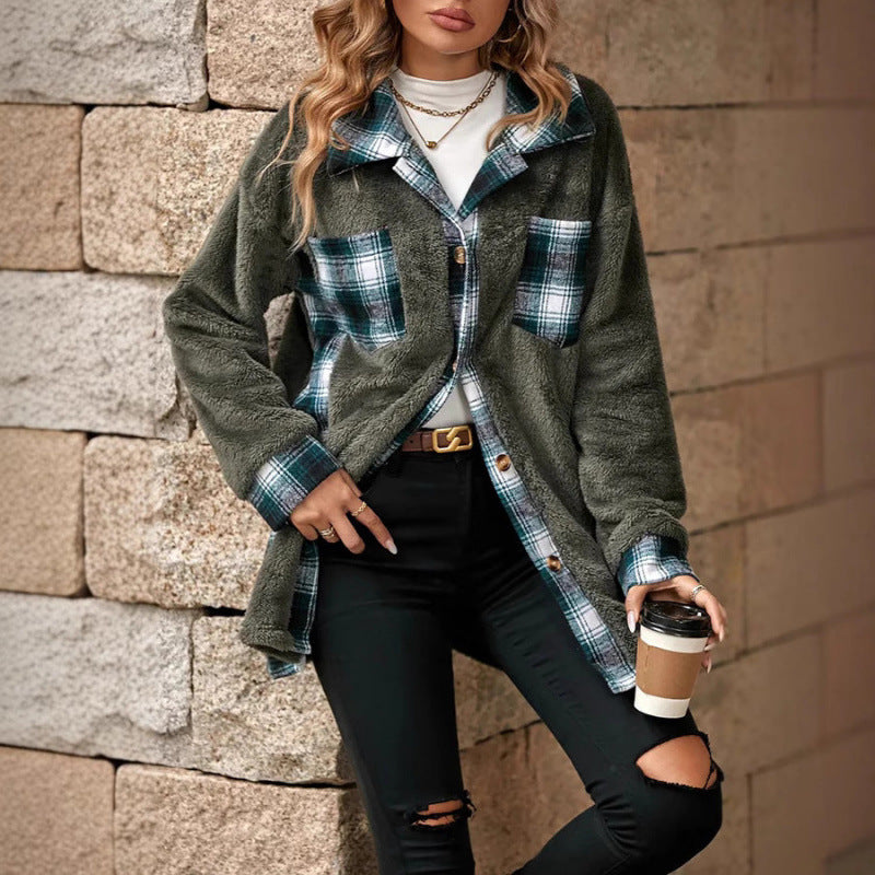 Damen Fleece-Hemdjacke mit Karomuster und weichem Innenfutter Drune