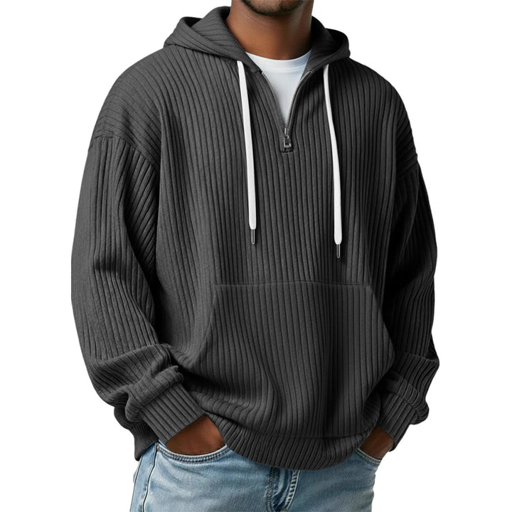 Herren gerippter Halfzip-Hoodie mit Kapuze, Kängurutasche und oversized Casual-Schnitt Drune