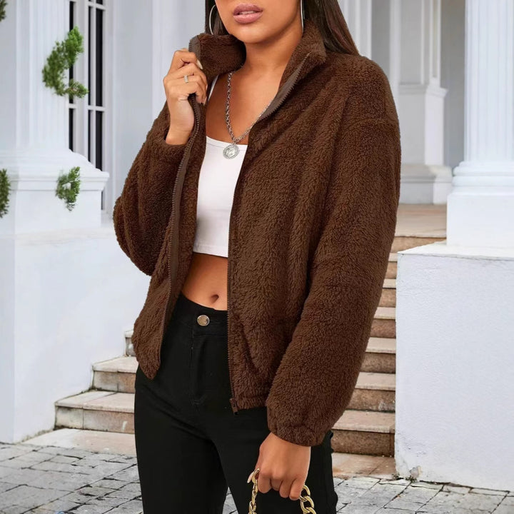 Damen Teddyjacke im lässigen Oversized-Stil mit hohem Kragen und Reißverschluss Drune