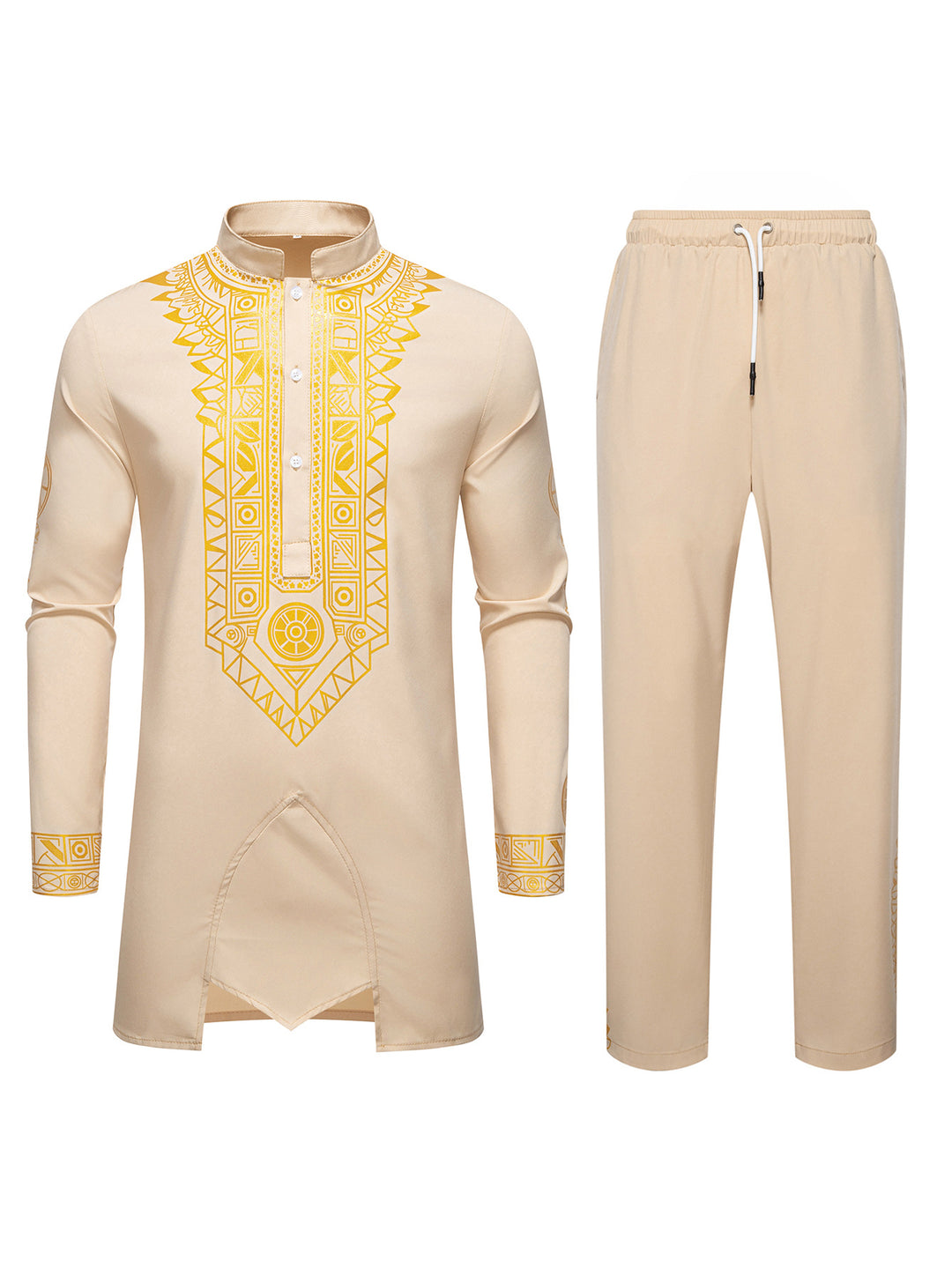 Herren Traditionelles Langarm-Kurta-Set mit Stehkragen, goldfarbenem Ornamentdruck und Tunnelzughose Drune
