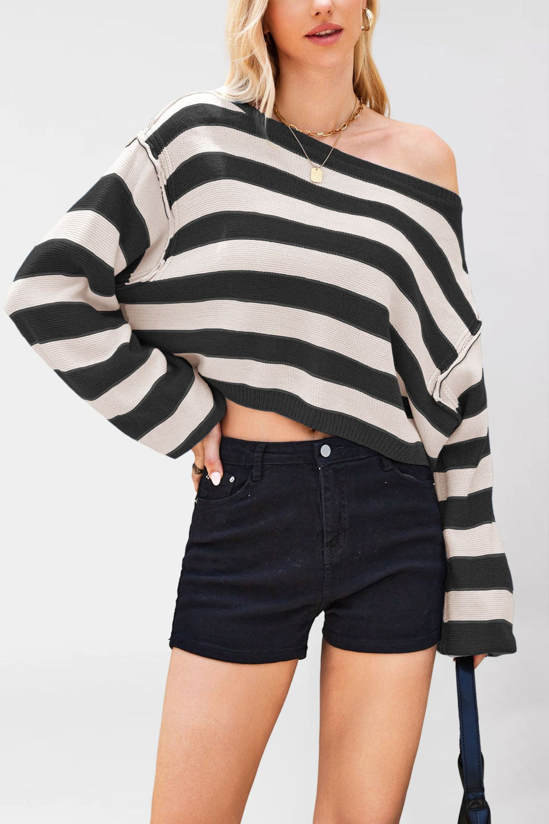 Damen lässiger gestreifter Pullover im cropped Schnitt Drune