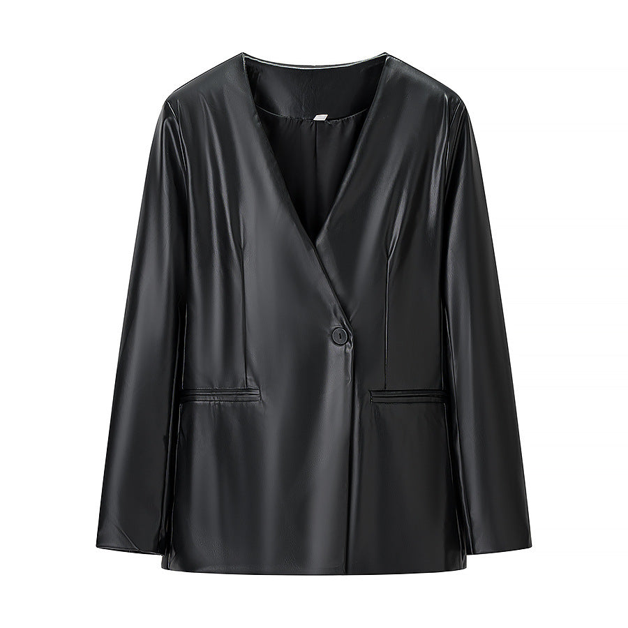 Damen Figurnaher Blazerjacke in Lederoptik mit Single‑Button und konturierenden Abnähern Drune