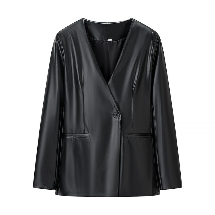 Damen Figurnaher Blazerjacke in Lederoptik mit Single‑Button und konturierenden Abnähern Drune