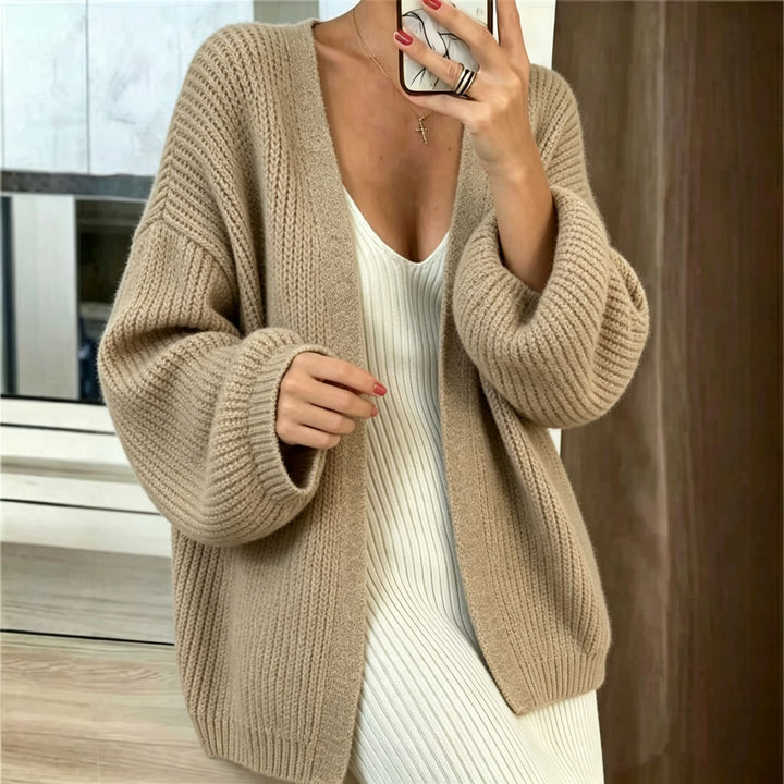 Damen Oversize-Cardigan aus grobem Rippstrick mit Ballonärmeln Drune