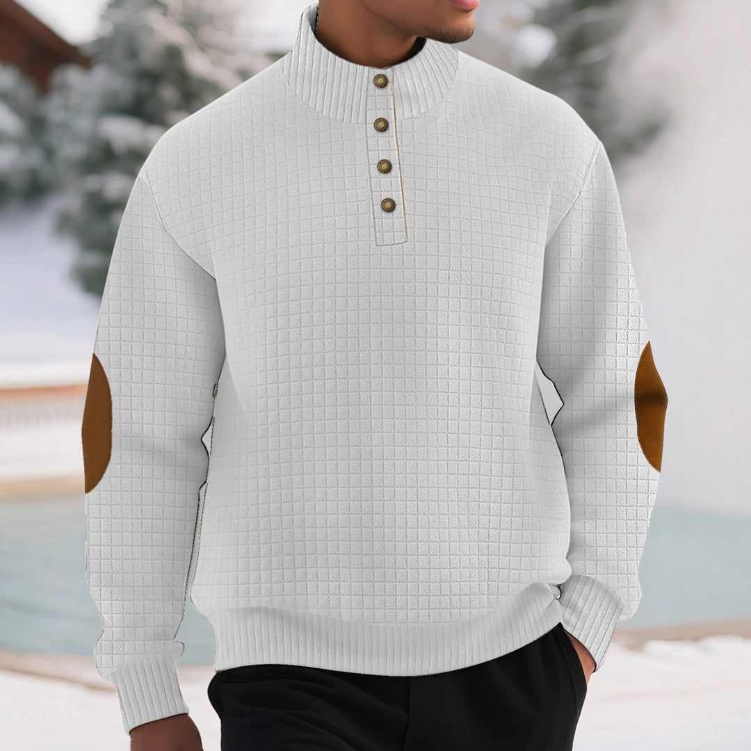 Herren nan kariertes Stepp-Sweatshirt mit Henley-Blende hohem Stehkragen und Velours-Ellenbogenpatch Drune