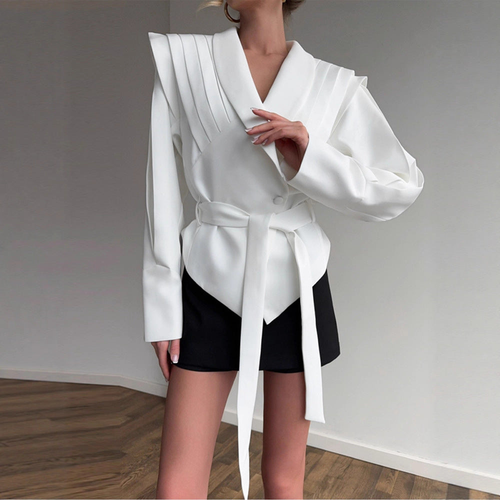 Damen Couture Blazer mit elegantem Kragen und Taillengürtel Drune
