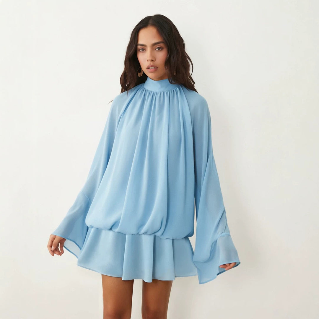 Damen Chiffon-Minikleid mit geraffter Blusentunika, Stehkragen und Volantrock Drune