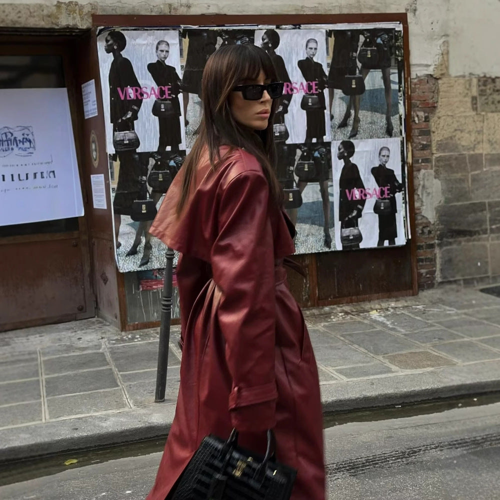 Damen 100+ langer oversize Kunstleder‑Trenchcoat mit Taillengürtel und weitem Revers Drune