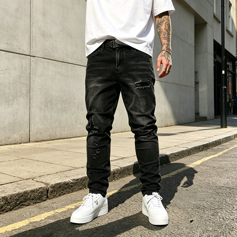 Herren Zerrissene Slim-Fit Jeans Drune