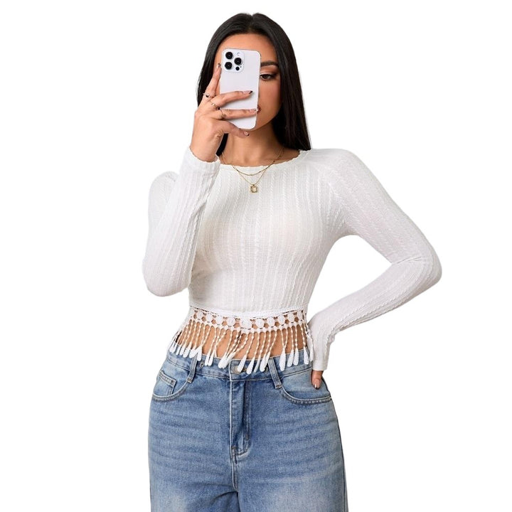 Damen gehäkeltes Crop-Longsleeve mit Fransen-Bordüre und Rippstruktur Drune